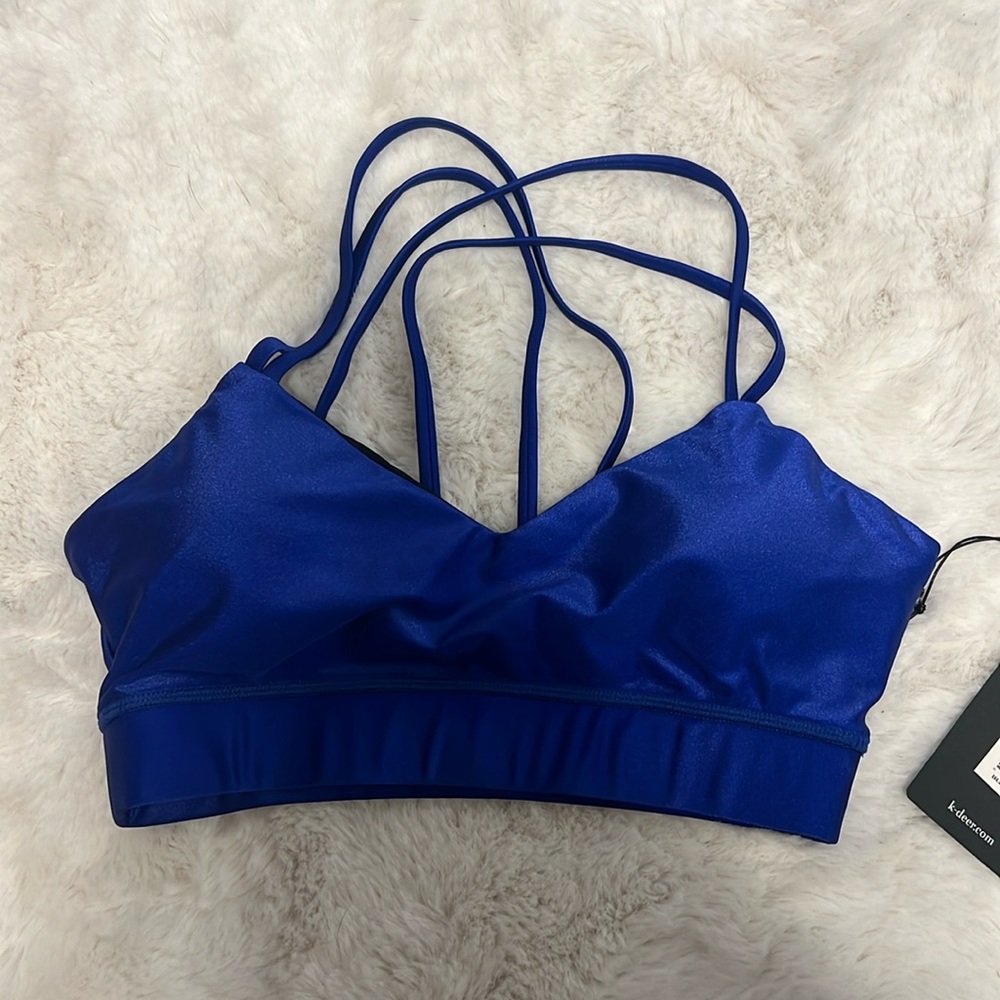 K-DEER Hi-Luxe Polished Criss Cross Sports Bra in Bright Royal Blue, Size Small